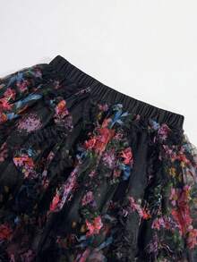 GlowEve Minissaia dupla em formato A com estampa floral texturizada, estilo romântico, elegante e francesa, perfeita para férias, encontros e trabalho. Ideal para a primavera/verão. - Preto - Ver 5