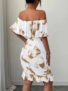 Tropical Print Off Shoulder Ruffle Trim Ruched Bodycon Dress Vacation Beach Outfits Women - Multicolor - View 2