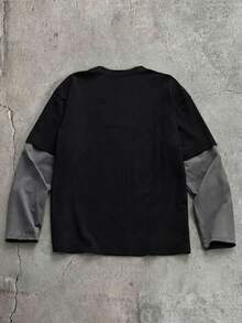 AXEPEAK Áo thun nam dệt kim tay dài dáng rộng, thường ngày, phong cách trẻ trung, in họa tiết Anh, phối màu, màu đen và xám, áo thun dài tay nam. - màu đen - Xem 2