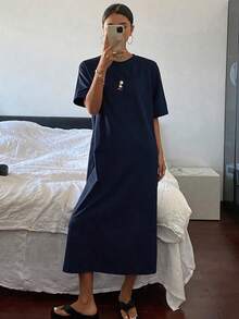 DAZY Raglan Sleeve Pattern Decor Loose Fit Loungewear Dress Pajama, Moo Moo Night Dress - Navy Blue - View 2