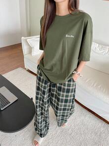 Loose Letter Print T-Shirt And Plaid Pants Home Outfit Set Pajama - Army Green - View 3