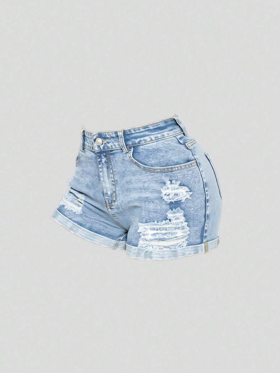 SHEIN Girlism Tween Girls' Summer Casual Distressed Denim Shorts Day Time Light Blue - Light Wash - View 1