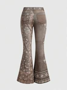 ROMWE Grunge Punk Jeans acampanados de talle súper bajo con estampado floral de contraste en estilo retro hippie - Gris Claro - Ver 2