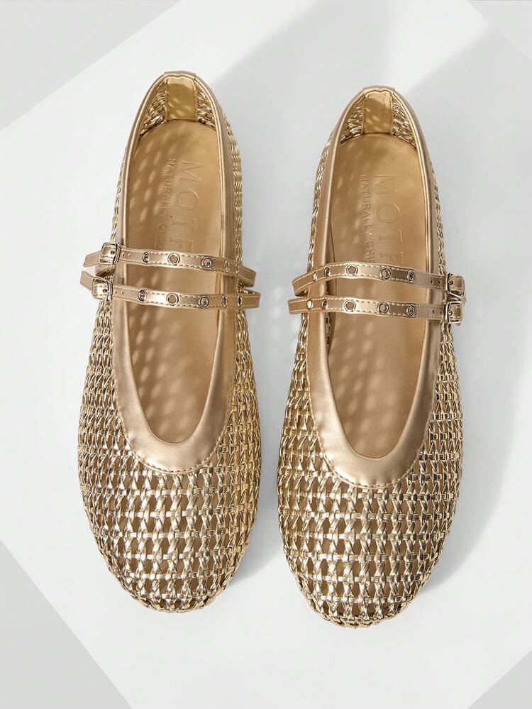 LADIES GOLD FLAT BOTTOM HOLLOW WEAVE HORIZONTAL STRAP BUCKLE MARY JANE SHOES SIMPLE AND ELEGANT VACATION DAILY COMMUTER COLLEGE