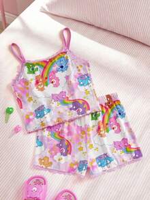 SHEIN X Care Bears 少女熊印花吊带背心和短裤睡衣套装 - 粉色 - 查看 2