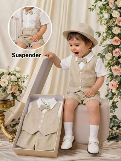 SHEIN 4 piezas Conjunto de traje de caballero para niño/niña, camisa de manga corta blanca, chaleco, pantalones cortos/largos, sombrero, conjunto elegante para primavera/verano, adecuado para fiesta de cumpleaños, bautizo, primer cumpleaños, ceremonia, invitado de boda, paje, portador de anillos