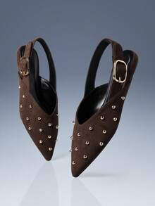 CUCCOO GRLICON Giày bệt mũi nhọn bằng da lộn đính đinh tán dành cho nữ, phù hợp với phong cách Y2K, Punk, các cô gái thời trang, đi làm văn phòng, Halloween, Giáng sinh và dự tiệc. - màu nâu - Xem 9