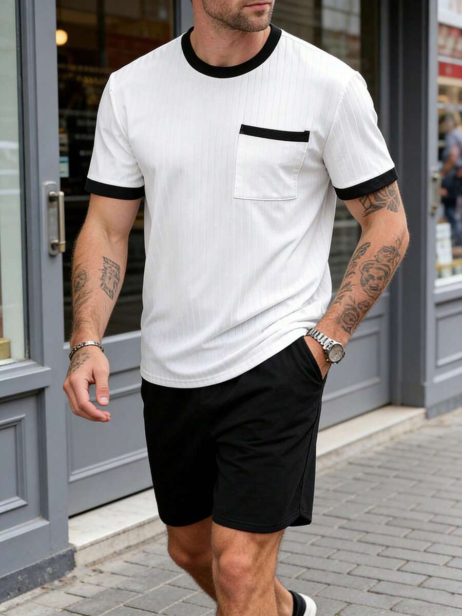 Manfinity Homme Men's Contrast Color Splice Short Sleeve T-Shirt & Shorts Set Men 2 Pieces Outfit ... - Black and White - View 1