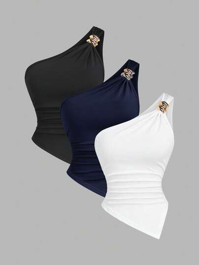 Sweetra 女士纯色简约不对称领金属扣衬衫