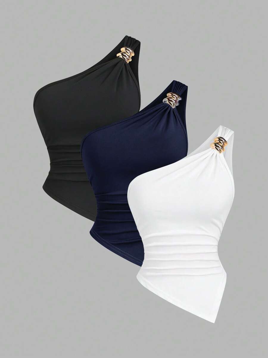 Sweetra 女士纯色简约不对称领金属扣衬衫 - 彩色 - 查看 1