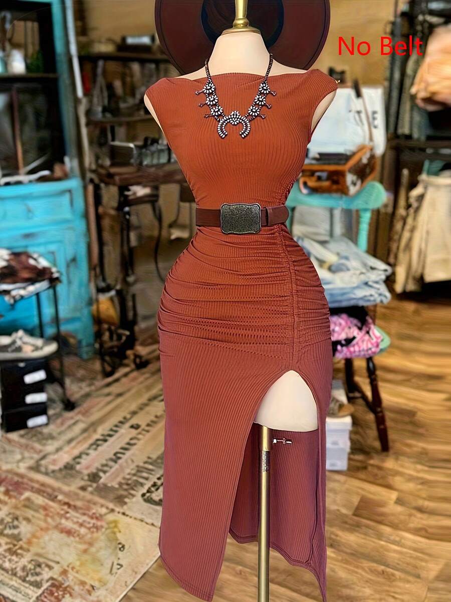 NostaNoir 女士纯色船领高开衩褶皱腰身优雅中长款派对连衣裙 - 鏽棕色 - 查看 1