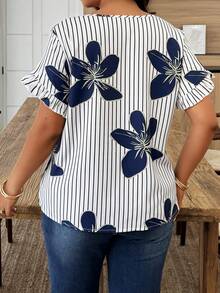 Weeklong Plus Size Women's Casual Floral Puff Sleeve Striped Printed Vacation Shirt, Spring/Summer - Multicolor - View 2