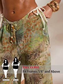 SHEIN Tall CURVE Quần ống rộng dáng suông in họa tiết lá cây dành cho nữ cỡ lớn, thích hợp mặc hàng ngày. - Nhiều màu - Xem 1