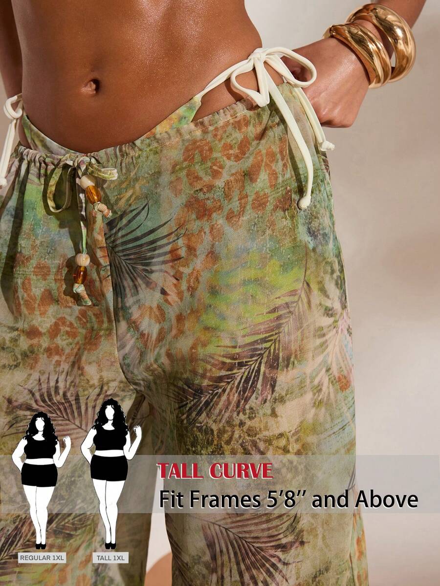 SHEIN Tall CURVE Quần ống rộng dáng suông in họa tiết lá cây dành cho nữ cỡ lớn, thích hợp mặc hàng ngày. - Nhiều màu - Xem 1