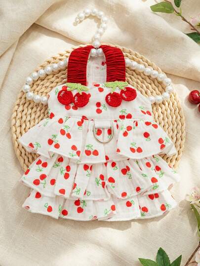 PETSIN 1件装宠物樱桃蛋糕层叠连衣裙，适合狗狗猫咪夏季穿着，适合小型和中型犬种