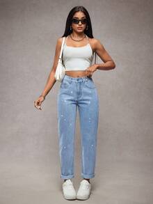 Jeanoix Quần jeans ống côn thời trang thường ngày đính đá lấp lánh dành cho nữ cỡ lớn - Rửa nhẹ - Xem 4