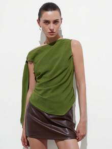 Aveloria Modichic Women's Crinkled Textured Fabric Slim Fit Asymmetric Cut One Shoulder Tie Strap And Side Ruched Design Modern Elegant Vacation Style Green Elegant Women's Blouses Vacation Outfits Women Summer Tops Green Dress - Green - View 5