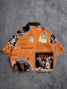 Manfinity ZONE917 Áo sơ mi nam tay ngắn dáng lửng, in họa tiết toàn thân, phong cách tối giản, thường ngày. - trái cam - Xem 4