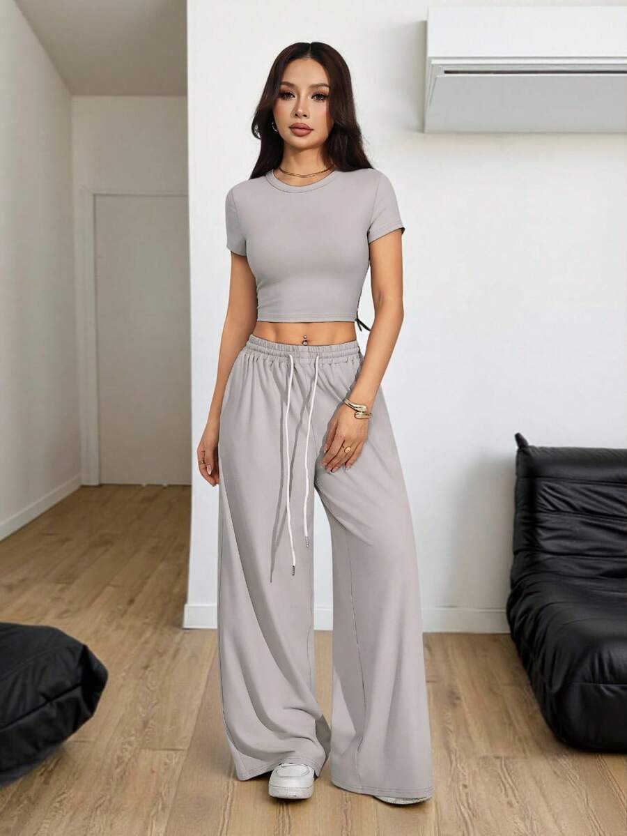 SHEIN PETITE Women's Casual Solid Color Cropped T-Shirt And Pants 2 Pieces Set, Summer Casual Two Pieces Set Two Pieces Lounge Set Two Pieces Set Women Grey Two Pieces Set Comfortable Two Pieces Set,Work Outfits For Women