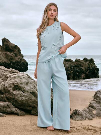 Amorya Women's Elegant Starfish Decor Shirt And Elastic Waist Straight Leg Pants 2 Pieces Set, Suitable For Beach, Vacation, Dating, Home, Commuting And Multiple Occasions