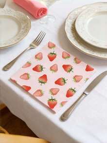25pcs Strawberry Pattern Pink Disposable Paper Napkins, Birthday Party Supplies, Holiday Christmas Theme, Fruit Dessert Table Decor - multicolor - View 2