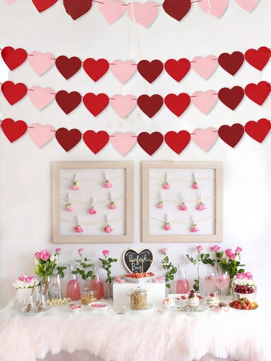 1 Piece Heart Shaped Hanging Banner Garland Valentine's Day Decor Pink Red Burgundy Love Theme Engagement Wedding Anniversary Party Room Home Decoration Romantic Ornament - multicolor - View 1