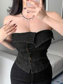 Joudiya Women's Cropped Bandeau Top, Sexy Design, Suitable For Summer And Spring Y2k Tube Top - Black - View 3