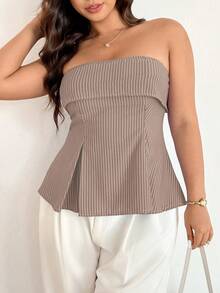Easura Plus Size Women's Elegant Strapless Ruffle Hem Top, Navy Striped Fabric, Suitable For Commuting, Autumn/Winter - Khaki - View 6