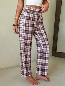 Aloruh 女士休闲格子印花弹力腰直筒家居裤 - 彩色 - 查看 5