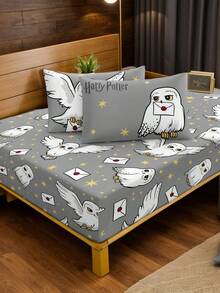 HARRY POTTER X SHEIN Bộ 3 món nệm in kỹ thuật số, mềm mại và ấm áp, thoải mái và thoáng khí, nhiều kích cỡ, phù hợp với giường đơn/giường đôi/giường cỡ Queen/giường cỡ King, có thể giặt máy (1 nệm + 2 vỏ gối) - Xám - Xem 2