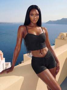 Vaytide Summer Beach Knot Front Shorts Bikini - Black - View 2