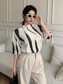 EMERY ROSE 不对称印花立领褶皱修身女式短袖 T 恤 - 杏色 - 查看 4