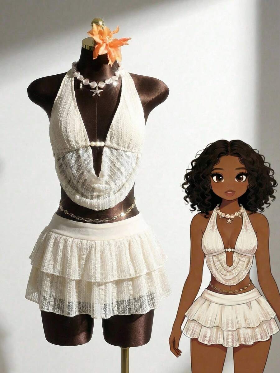 Zestiva Women's Summer Beach Solid Color Draped Neck Tie Sexy Tankini Swimsuit Set Y2k Yacht Outfit Women Zoo Outfits Women Dresses Y2k Dresses Women Vacation Outfit Sets Women's Summer Outfits Women 2 Pieces Sets Women Outfits Sets - Beige - View 1