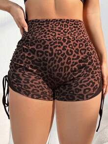 Core Rhythm 1pc Women's Plus Size Seamless Sexy Leopard Print Drawstring Running Fitness Yoga Outdoor Shorts - Coffee Brown - View 2