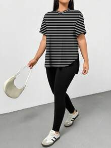 SHEIN Essnce 大码女式条纹短袖上衣和裤子休闲两件套 - 彩色 - 查看 5