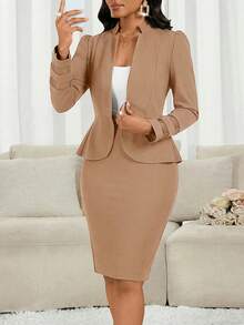 SHEIN Lady 女士简约商务长袖上衣和半裙套装（2件套）秋冬女装 - 卡其色 - 查看 9