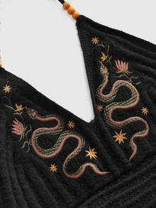 ROMWE Fairycore Summer Outfits Gothic Snake Skin Embroidered Deep V-Neck Plus Size Knit Top, Summer - Black - View 3