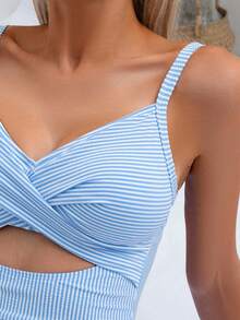 Costavie 女士性感连体条纹露背镂空前开带泳衣，夏季 - 藍白色 - 查看 4