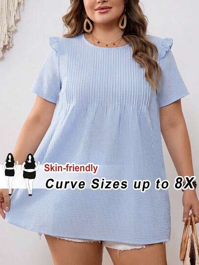 SHEIN CURVE+ 大码女式纯色圆领休闲派对旅行连衣裙，适合夏季穿着