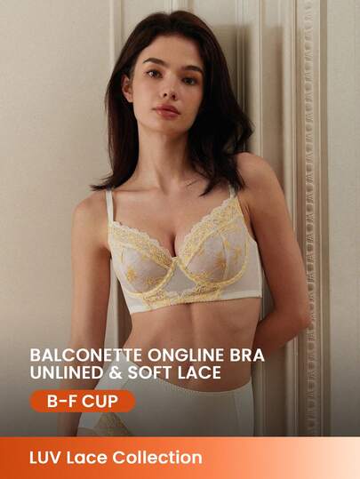 LUVLETTE 透气无衬里蕾丝优雅上托半罩杯塑身内衣休闲曲线黄白花卉蕾丝显瘦新娘内衣文胸可作外穿婚纱文胸