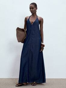 ATUI Studio 女士性感露背吊带宽松牛仔连衣裙，适合夏季度假 - 藏蓝色 - 查看 4