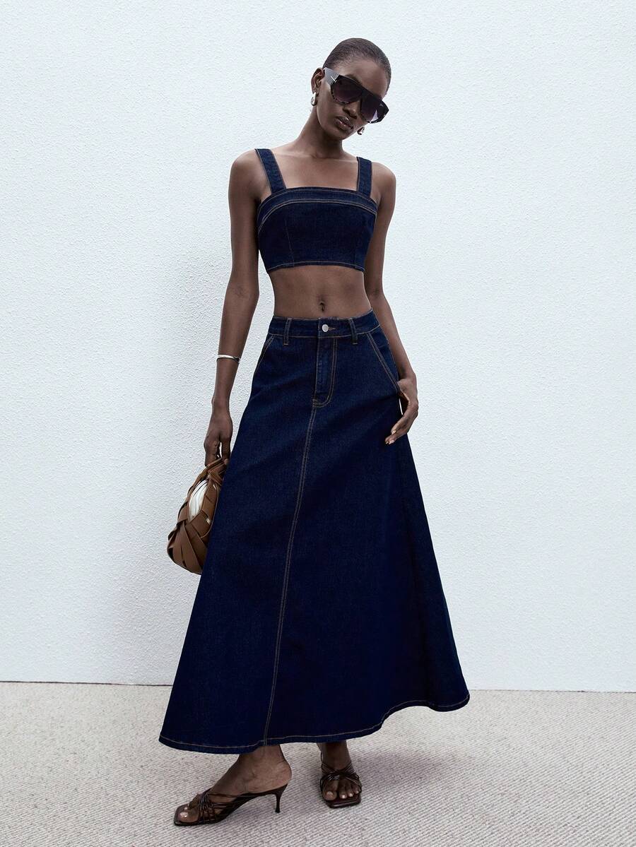 ATUI Studio 女士牛仔吊带背心和迷你裙套装 - 藍色 - 查看 1