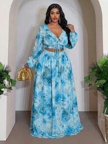 Veslaya Set Atasan Pendek dan Rok Panjang Motif Bunga Romantis Musim Semi/Panas, Cocok untuk Liburan, Pantai, Pesta, Kencan, dan Ukuran Plus - Biru - View 5