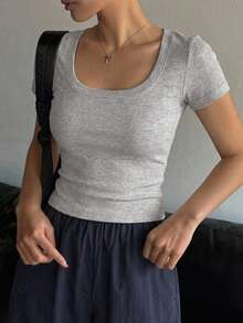 DAZY Comfortable Ribbed V-Neck Cropped Top Paired With Loose Straight Leg Pants Women Home Clothing Pajama Set - Grey - View 3