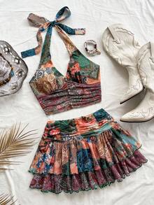 Soleia New Arrival Thank You Holiday Knit Print Halter Crop Top And Pleated Mini Skirt 2 Pieces Set,Summer Sets - Multicolor - View 3