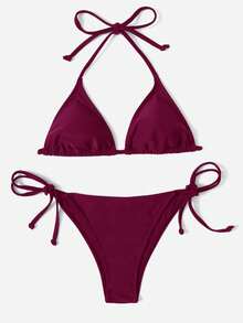 Swim Vcay Solid Color Halter Knotted Bikini Swimwear, Suitable For Summer Beach - Red Violet - View 3