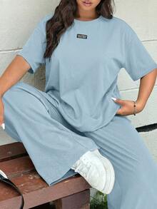 GalTyme Blue Round Neck Short Sleeve Top & Pants 2 Pieces Set, Plus Size, Spring/Summer - Blue - View 1