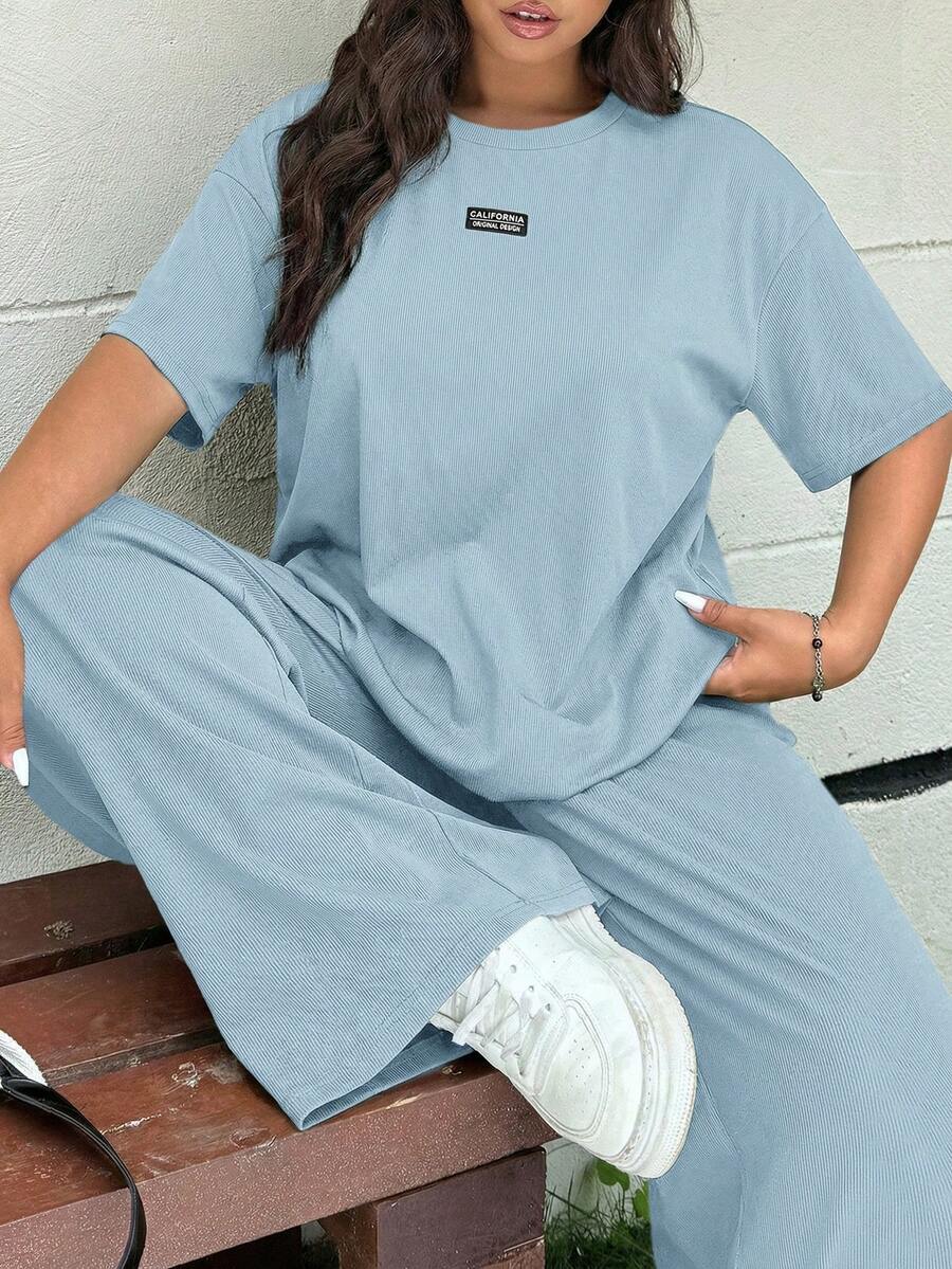 GalTyme Bộ 2 món áo ngắn tay cổ tròn màu xanh dương và quần dài, cỡ lớn, mùa xuân/hè. - Màu xanh lam - Xem 1