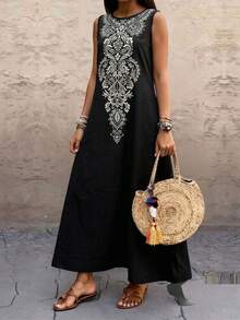 Linavere Women's Minimalist Printed Round Neck Sleeveless Dress - Black - View 4