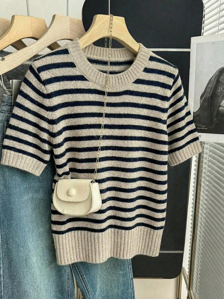 SHEIN Franclia Nouveau Arrivage Printemps/Été Style Coréen Décontracté Lâche Personnalisé Top Tricoté à Rayures Contrastées Pour Femmes - Kaki - Voir 8